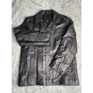 J. Crew Black 100% Leather Jacket Womens Small Black Button Up Wool Lined Casual